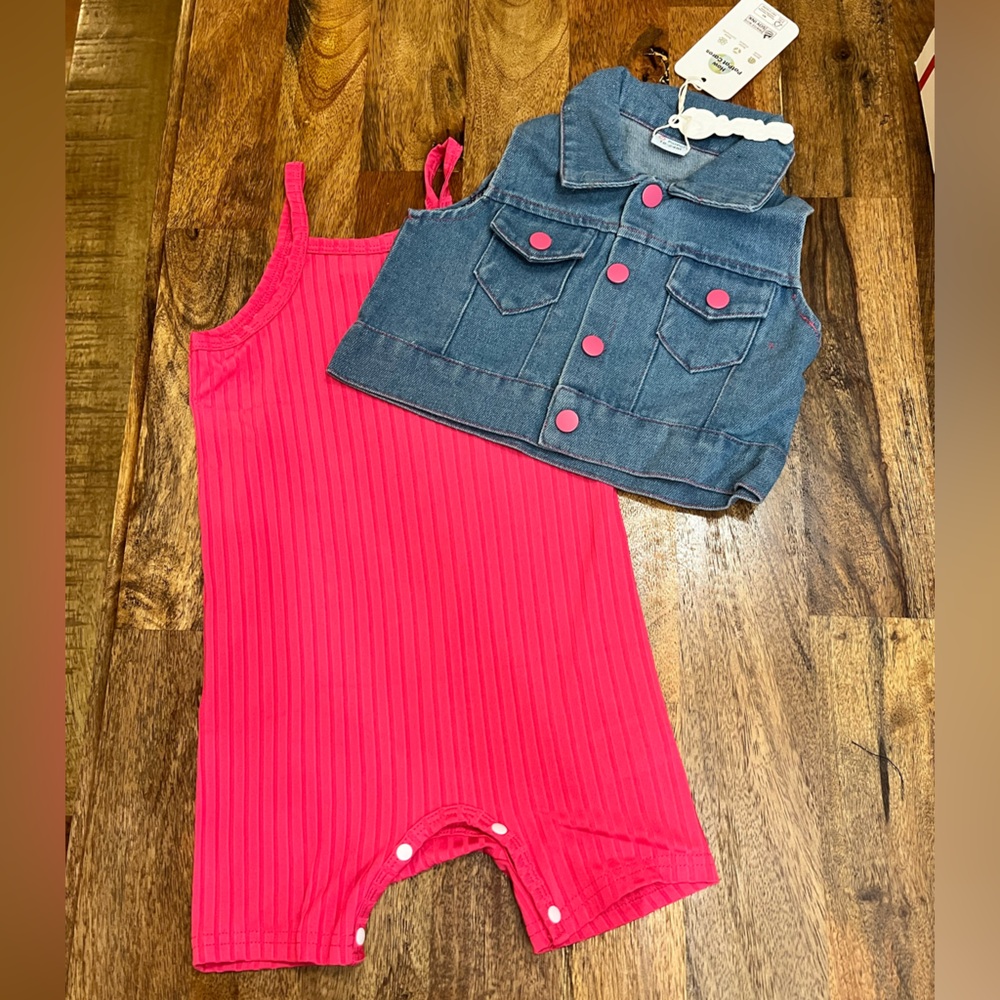 NWT bodysuit with sleeveless denim jacket. Size 18/24m